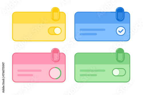 Set of four colorful user interface cards with paperclip icons and interactive elements
