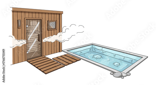 Wooden sauna and cold plunge pool in wellness illustration style
