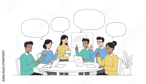 Diverse group of people engaged in a lively discussion or brainstorming session around a table, with empty speech bubbles indicating active communication and idea sharing, fostering collaboration and