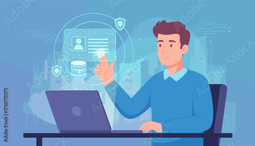 Man interacting with a futuristic digital identification interface, displaying personal data, database icons, and security shields, representing concepts of digital identity, cybersecurity, and data