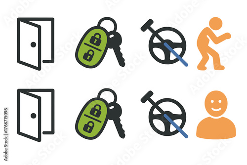Automobile safety and driving interface symbols set featuring door, key, steering wheel, and human shapes
