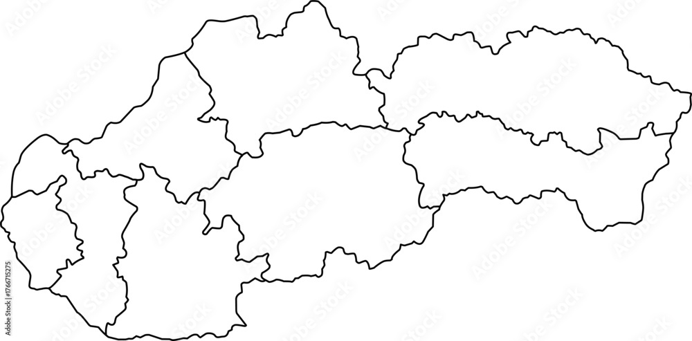 Fototapeta premium Vector political map of Slovakia national outline with all 8 regions (kraje) internal boundaries and administrative divisions, presented as a blank template map of the Central European country.