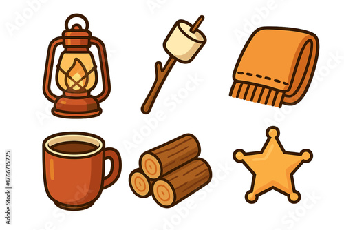 Cozy outdoor adventure items including lantern, roasted marshmallow, warm blanket, hot drink mug, and wood logs