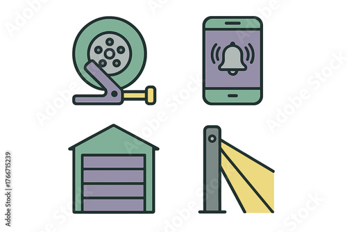 Security and home maintenance concepts including tire change tool, mobile alert, garage building, and outdoor sensor light