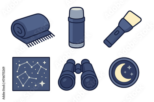 Essential equipment for stargazing: binoculars, flashlight, thermos, blanket, and constellation map