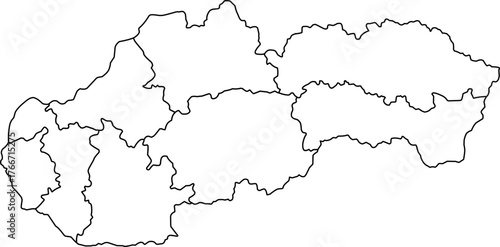 Vector political map of Slovakia national outline with all 8 regions (kraje) internal boundaries and administrative divisions, presented as a blank template map of the Central European country.