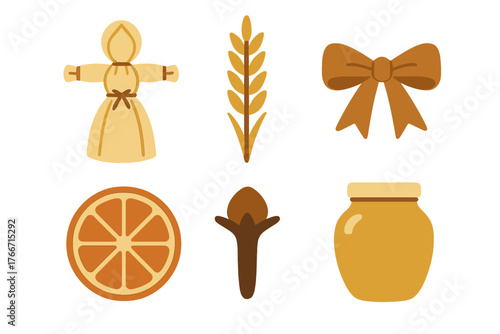 Traditional seasonal symbols set including straw doll, wheat spike, decorative bow, honey jar, and dried fruit