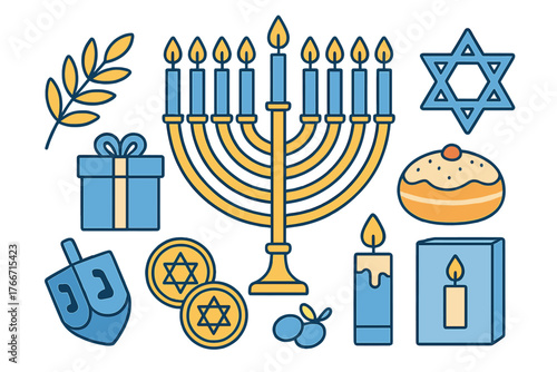 Traditional Jewish holiday symbols set including menorah, dreidel, gift box, sufganiyah, and Star of David