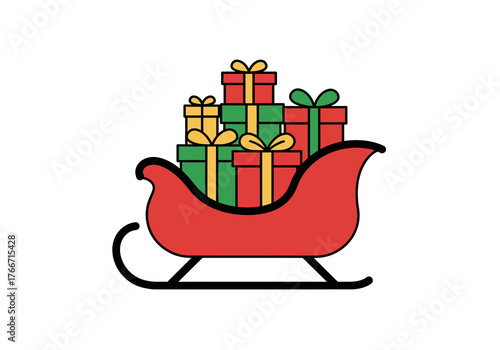 Festive red sleigh brimming with beautifully wrapped gifts, ready for a joyful natal celebration, symbolizing generosity and the enduring spirit of holiday giving and merriment