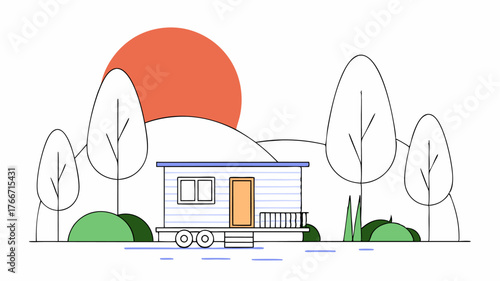 A tiny home on wheels parked by a serene lake surrounded by nature with a small deck and garden illustrating the minimalist lifestyle.