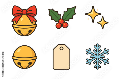Set of classic Christmas and winter holiday symbols jingle bells holly berries and snowflake