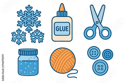 DIY and hobby supplies set with scissors, glue, yarn, buttons, and decorative snowflakes