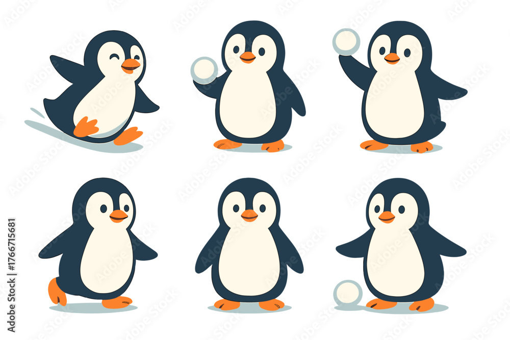 Naklejka premium Collection of six adorable baby penguins playing and smiling in various poses