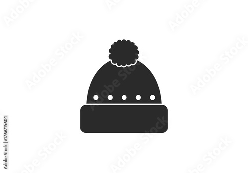 Minimalist black glyph icon of a cozy winter beanie hat with a pom-pom. A simple vector symbol representing cold weather, natal holidays, and warm knitwear apparel