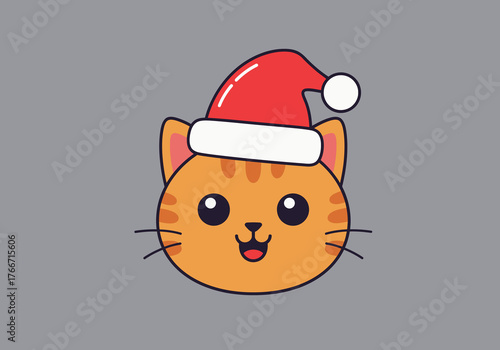 Adorable natal cat illustration in a Santa hat, perfect for holiday greetings and festive designs. Cute feline face with cheerful expression