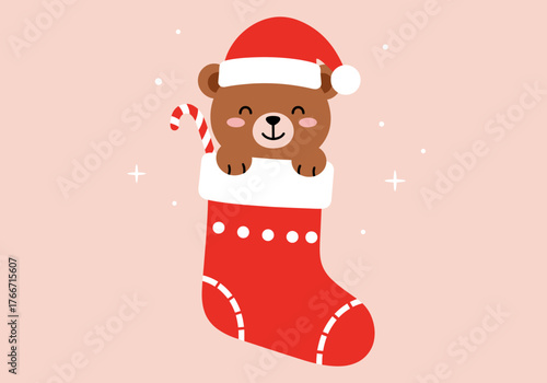 Cute natal bear in a Christmas stocking, adorned with a festive hat and candy cane, a heartwarming design for holiday celebrations and greeting cards