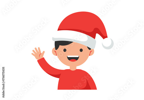 Joyful natal greetings from a cheerful kid with a Santa hat, waving a hand to convey festive season's merriment and holiday cheer