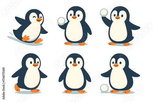 Collection of six adorable baby penguins playing and smiling in various poses