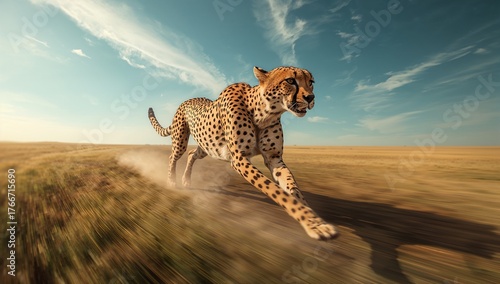 Running wild cheetah sprinting across African savanna plain, kicking dust plume behind dry grasses