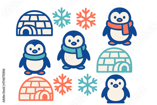 Cute cartoon penguins igloos and snowflakes winter holiday pattern elements