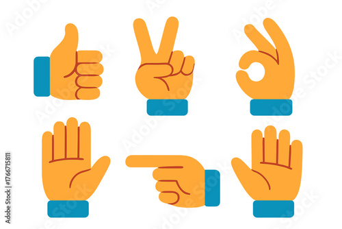 Set of popular hand gestures including thumbs up, peace sign, OK, pointing, and open palms