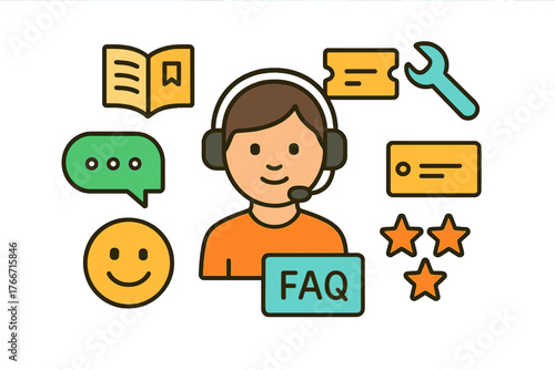 Customer service agent wearing a headset surrounded by various support and help icons like FAQ manual chat and tools