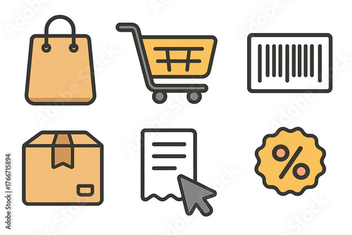 E-commerce and retail icons set including shopping cart, delivery box, barcode, and discount symbol