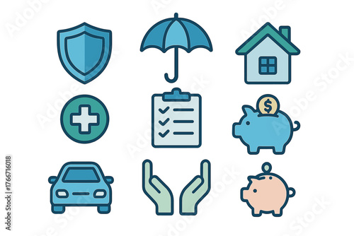 Essential insurance and financial protection symbols including shield, umbrella, home, car, and savings