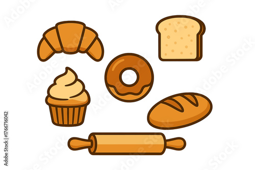 Assortment of fresh baked goods and kitchen tools including croissant donut cupcake bread and rolling pin