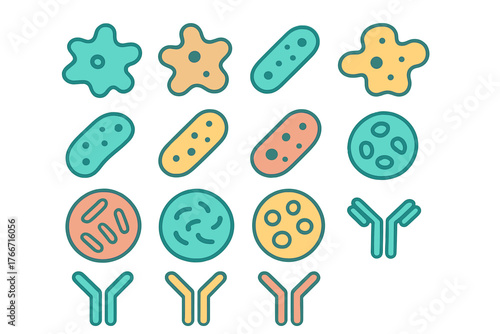 Colorful set of microbiology organisms and immune system antibody molecules