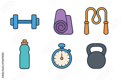 Set of essential fitness equipment icons: dumbbell, yoga mat, jump rope, kettlebell