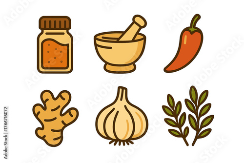 Culinary ingredients and kitchen tools set featuring ginger, garlic, chili, spice jar, mortar and pestle