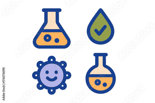 Colorful scientific research icons featuring laboratory flasks, chemical liquid, and microbe symbol
