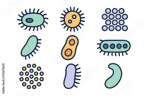 Colorful set of microscopic organisms and bacteria shapes for biology and disease concepts