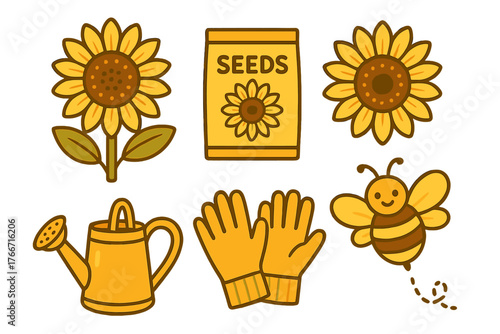 Cute yellow gardening set featuring sunflowers, seed packet, watering can, gloves, and a flying bee