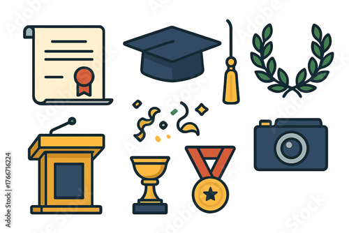Graduation ceremony and academic achievement icons set with diploma and trophy symbols