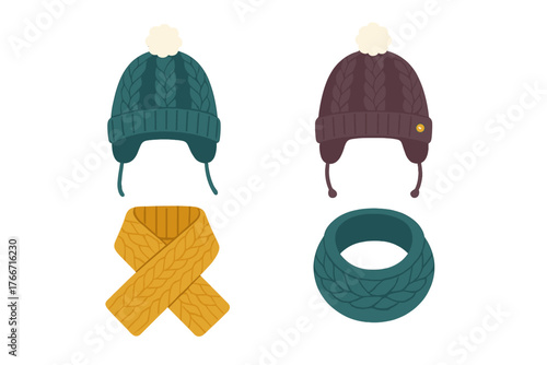 Warm knitted winter accessories set including pom-pom hats, ear flaps, and various scarves