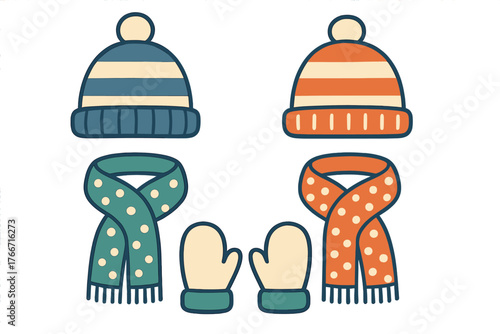 Cozy winter clothing set with striped beanies, patterned scarves, and warm mittens