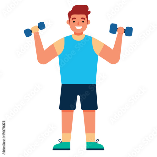 Sporty Man Holding Dumbbells Vector. Fitness Character Constructor for Animation. Gym Workout Illustration .eps