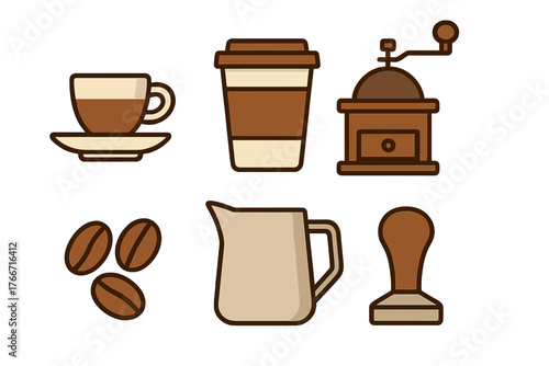 Coffee shop equipment set including grinder, beans, cup, mug, and milk jug