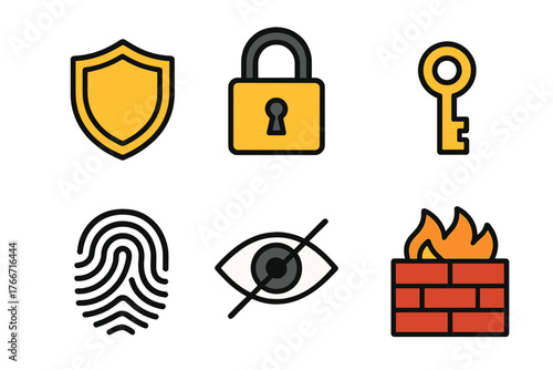 Digital safety and access control symbols including shield, lock, key, fingerprint, hidden eye, and firewall