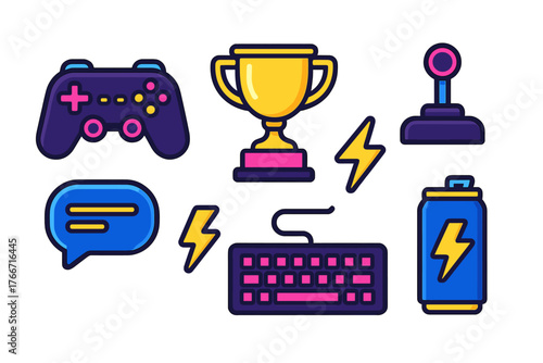Esports and gaming icons featuring controller, trophy, keyboard, and energy drink