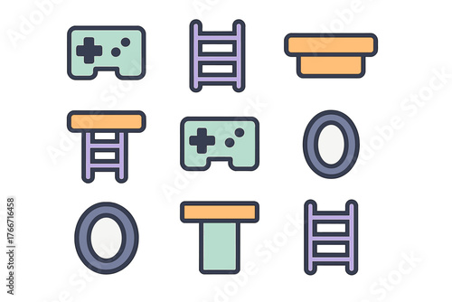 Collection of colorful flat design icons featuring controllers, ladders, platforms, and rings for video games