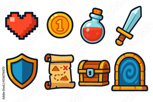 Classic pixelated video game assets including heart, gold coin, sword, shield, and magic portal