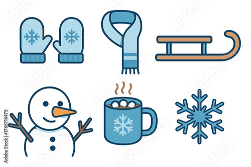 Flat design icons set of winter essentials including mittens, scarf, sled, snowman, and hot cocoa