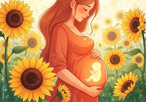 Pregnant Woman Amidst Sunflowers