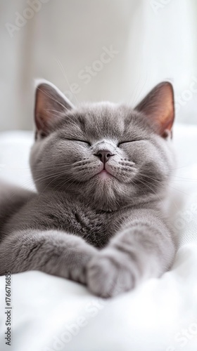 Wallpaper Mural A contented British cat lies on a white background with its paw raised. Torontodigital.ca