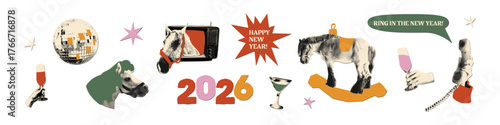 2026 New year collage elements set. Funny cut out of magazine halftone shapes with horse, disco ball, champagne, old TV and phone. Modern retro vector illustration isolated on transparent background