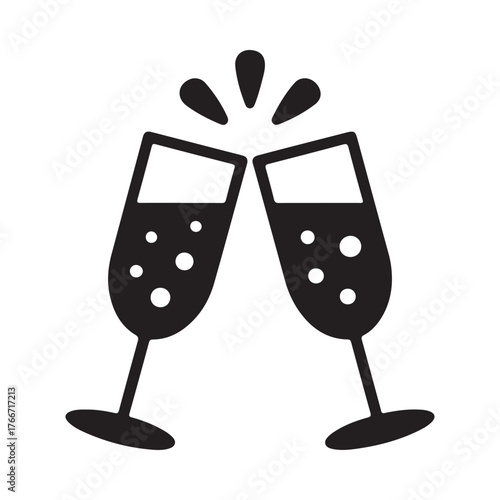 Two champagne glasses clinking together with bubbles and splashes