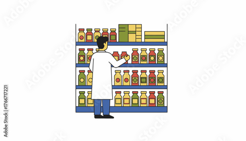 Pharmacist in a lab coat selecting medicine bottles from organized shelves in a pharmacy, illustrating healthcare service, professional work, and inventory management on a transparent background